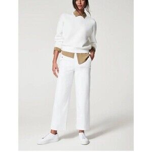 NWT SPANX Stretch Twill Cropped Wide Leg Pull On Pant Bright White M Reg $128